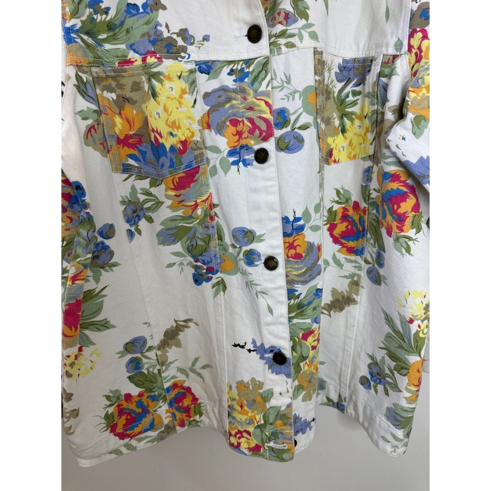 Susan Graver Floral Denim Trucker Jacket White Cotton Button Front Plus Size 1X - Picture 6 of 11
